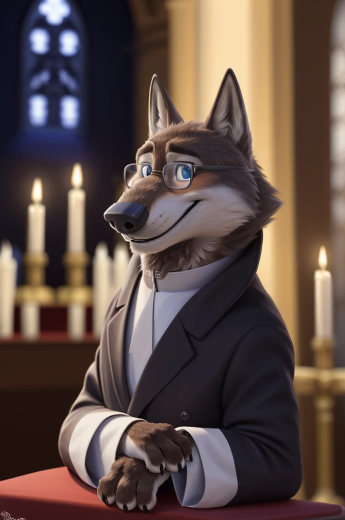 Larry (Zootopia), wolf, gray fur, (brown body:1.3), beautiful blue eyes, Zootopia,Catholic priest,Glasses,gold pectoral cross white collar, canine,wolf, detailed fur, Male, second, paw pads, claws, looks at the viewer, 5 fingers, paws, 4 toes, in the church, candles altar,Catholic Church, Vatican, is sitting, drinks wine, 
BREAK from nextel, for dating, by xenoforge, (difficult, high detail,digital photography, soft focus, RAW, close to the camera, smile, positive, Good, mood, Houses, looks at the viewer, очень close to the camera, Pope. 
photorealism, realistic, photorealistic,digital style, subsurface scattering,очень close to the camera 
шедевр, Best quality, ultra realistic, 8 thousand.)