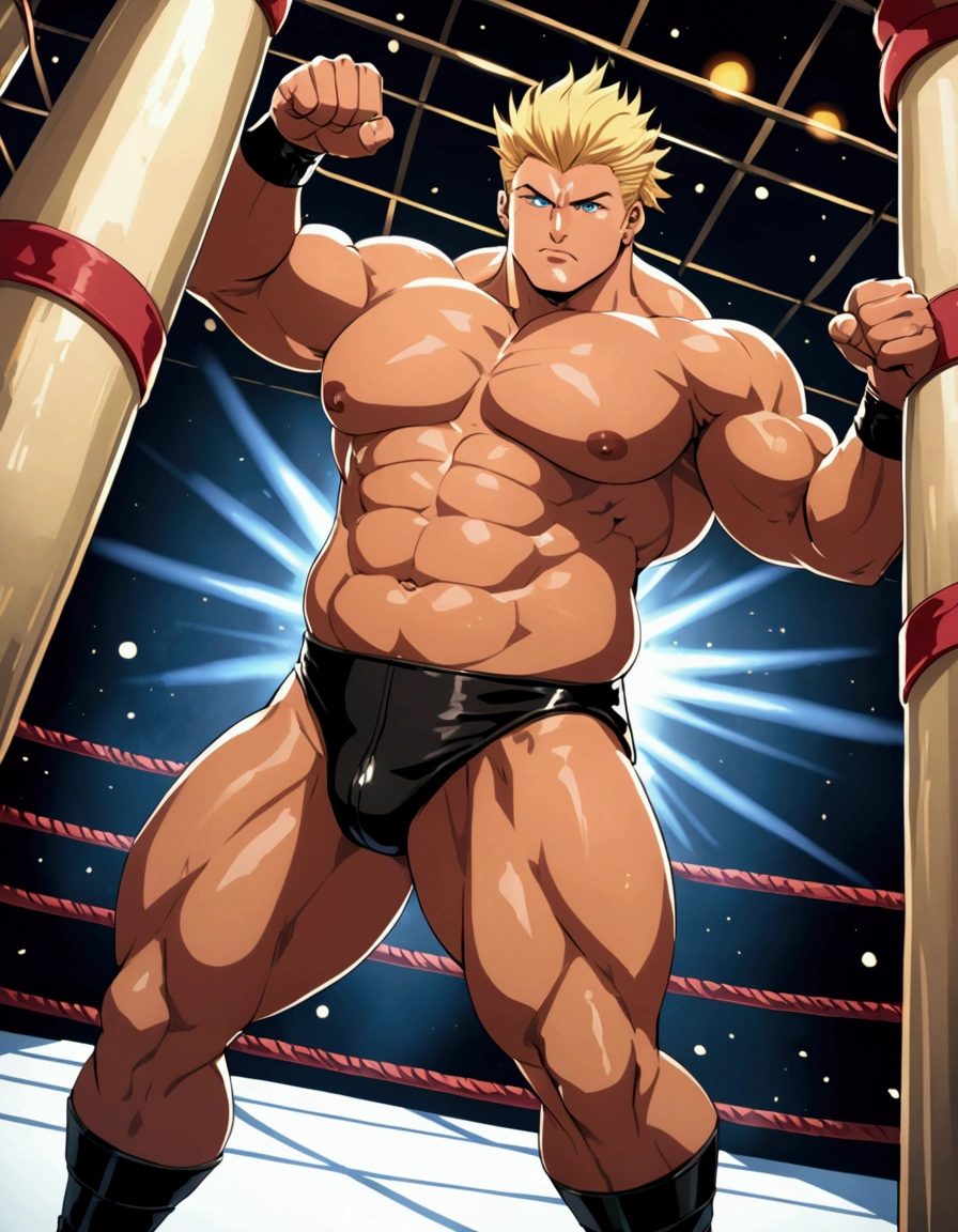 1guy, solid dude, gallant beau, blonde, tsurime, sanpaku, blue eyes, spiked hair, 24yo, heavy weight muscular, handsome wrestler, stocky waist, BREAK ideal ratio body proportions, sharp eyes, beautiful detailed eyes, toned body, elder chinpira, dark pupil, masculine playboy, builtfat, muscular plump, smart caucasian, BREAK solo, topless, black wrestling bikini, nipples, abs, fighting stance, on wrestling ring, detailed background, hollywood action, provocative emotion, BREAK upperlegs focus, dramatic expression, 1990s, in capcom art style, in color comic style, in game illustration style, depth of field, dutch angle, cinematic shadows, cinematic lighting, lens flare, light leaks, VHS Quality, texture, absurdres absolutely resolution, extreme all detailed, greatest painting, BREAK masterpiece, best quality