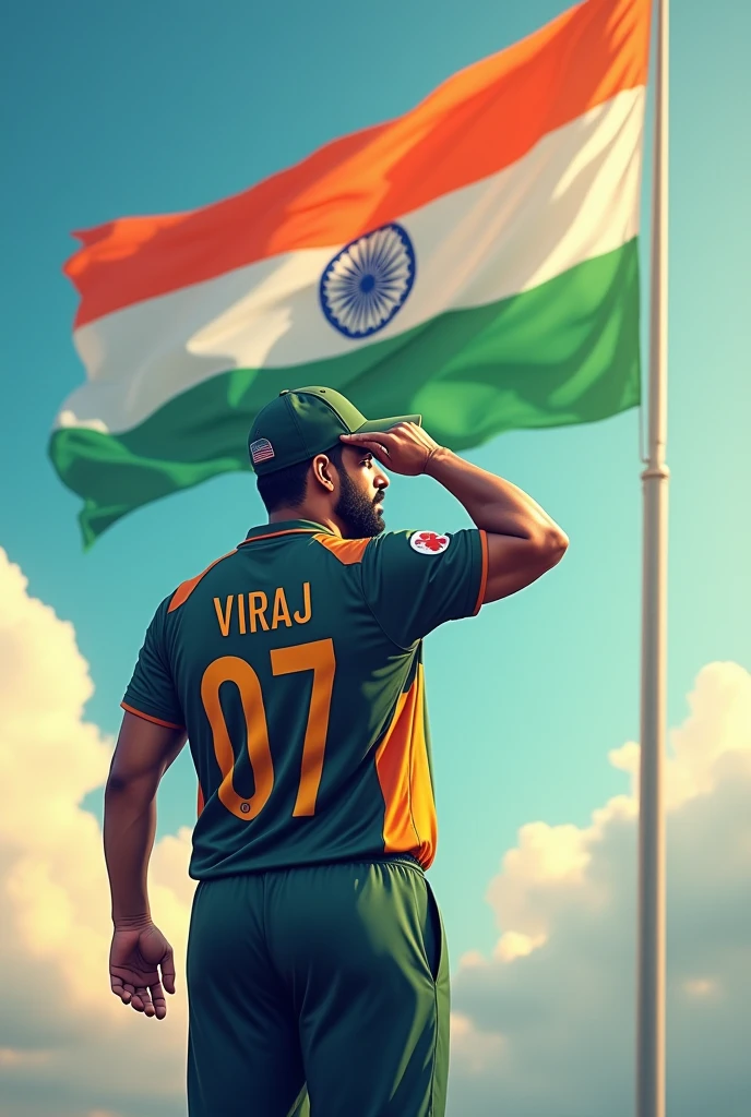 An indian XL size guy wearing indian cricket team jersey labelled as Viraj 07 and black cap on back side saluting high flying indian flag