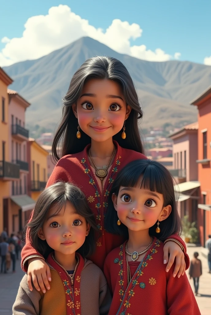 A little one (Chola from the center of La Paz, Bolivia ) with her son and daughter looking forward with the city of La Paz in the background