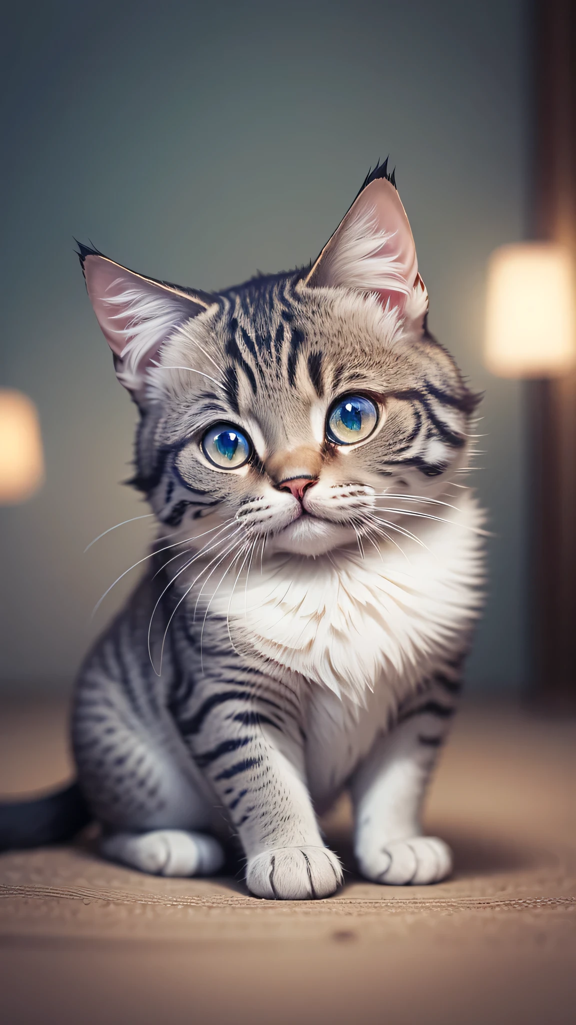 Cute little surreal cat、British Shorthair、Adorable and fluffy、Cinematic Lighting Effects、Charm、very cute、Fantasy art、Bokeh、Digital Painting、Soft lighting、4K resolution、 Photorealistic Rendering、Very detailed、A realistic masterpiece、Professional photography、