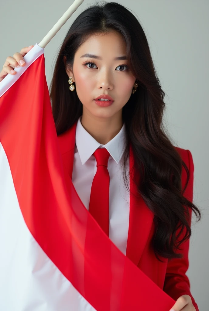 Portrait, Beauty Woman, Long Hair, Black Hair, Hold Indonesian Flag, Shirt white, Focus Camera, Earring, Blazer Red, Tie Red, White Background