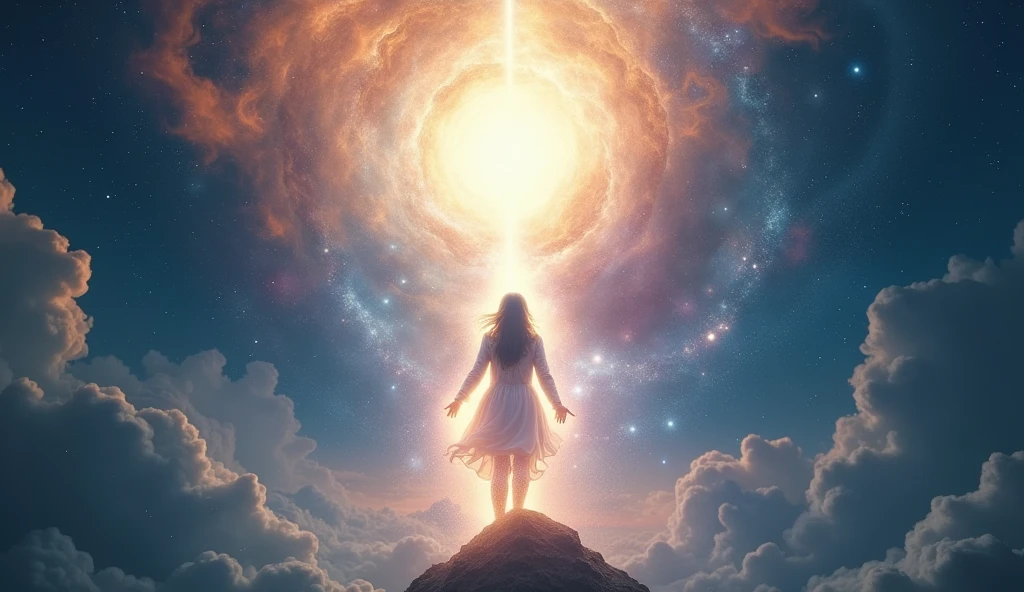 A surreal scene of a human figure transitioning from physical form to an ethereal, glowing presence, ascending towards a radiant, otherworldly light source. The background features cosmic elements such as swirling galaxies, stars, and nebulae, with colors transitioning from deep blues and purples at the bottom to bright whites and golds at the top. The image should evoke a sense of profound transformation and elevation, symbolizing a 5th-dimensional ascension, detailed, vibrant, highly realistic, cinematic lighting, 16:9 aspect ratio.