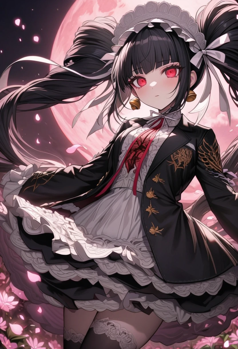 Ultra detailed, highres, absurdres, HDR, master piece, Celestia Ludenberg, black hair tied into two twin-drill pigtails, white bonnet, expressive red eyes, black jacket, white shirt, black skirt, black stockings, Danganronpa, pink flowers, petals, fireflies, pink moon, woman sitti, solo, extremely beautiful, very detailed face and eyes, best quality, fantasy, magical,