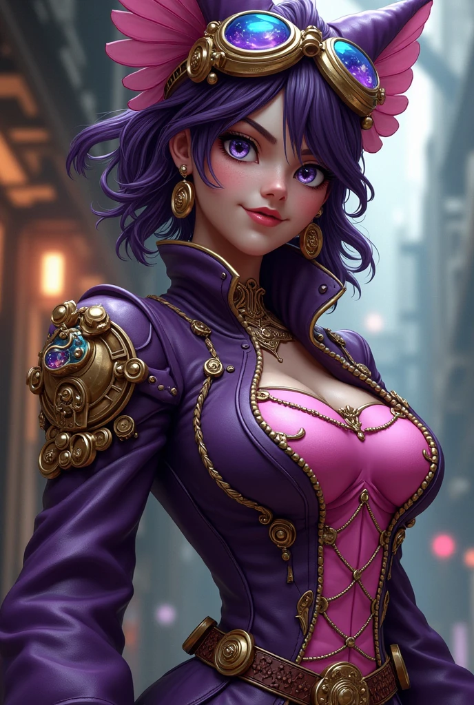 dark magician girl from yugioh in steam punk clothes, happy, modern, beautiful, pink breast