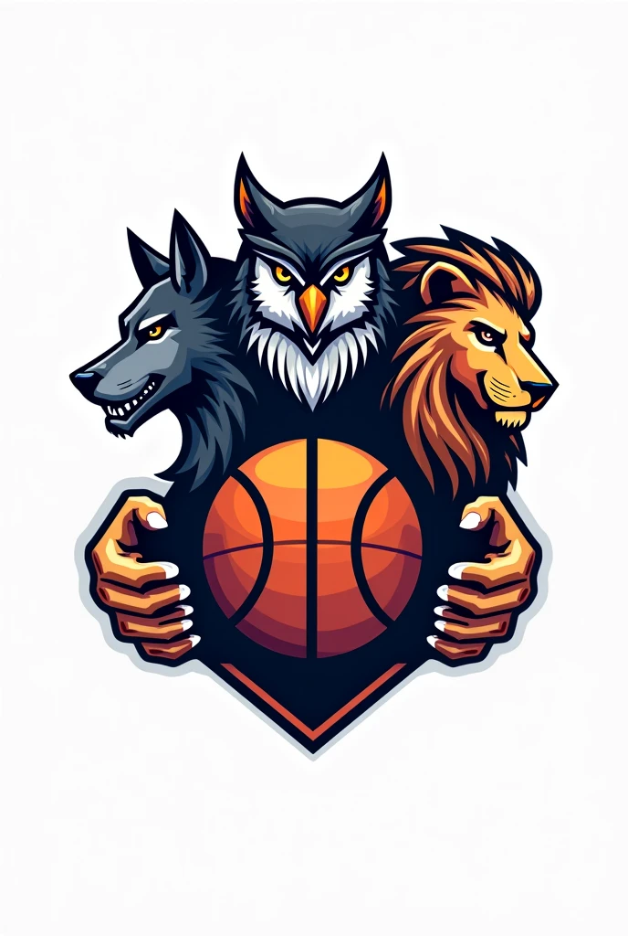 Create a logo where in the middle there is a basketball and on the sides a wolf, An owl and a lioness and make the numbers 8 and 16 visible