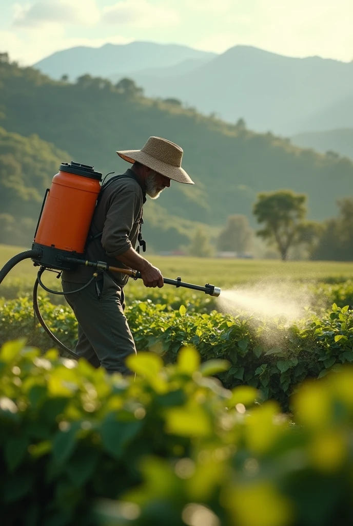 Create a realistic video of a farmer spraying coffee crops with a backpack sprayer