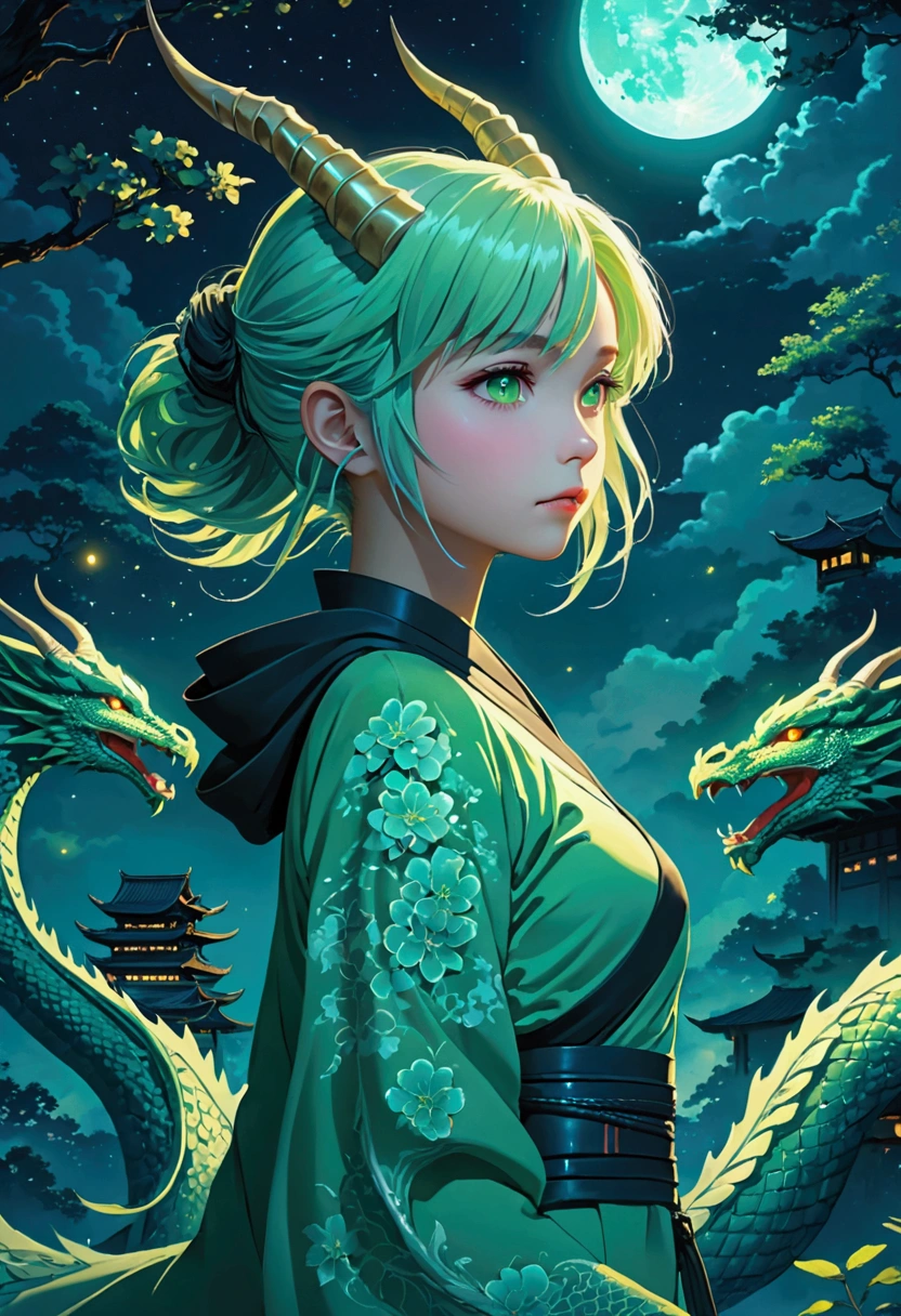 Anime style, Dragon-like spirit ,Dragon Horn, sci-fi ninja, emulsion , Light green hair, Small Breasts, Slim figure, Moonlit Night,