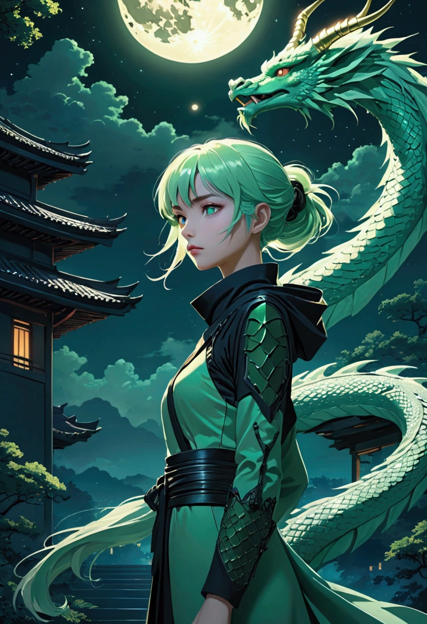 Anime style, Dragon-like spirit ,Dragon Horn, sci-fi ninja, emulsion , Light green hair, Small Breasts, Slim figure,  Moonlit Night,