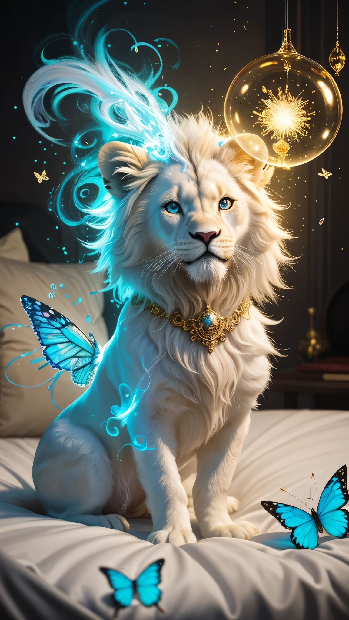 splash art,  luminism, fantasy acrylic, digital painting , a  close up little  cute  magic chibi   fantasy white color lion dog in bed,  flowers,  butterflies, sparks, magic  creature made of colors, big reflective eyes, splash style of colorful paint, paint dripping, color waves,  close portrait,  color drops, fairytale, dynamic  lighting, artstation, by Peter Mohrbacher, craola, WLOP,  masterpiece, golden  glowing, bubbles, transparent smoke, sunbeams