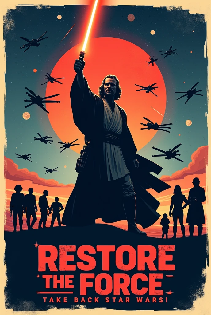 Revolutionary posterSlogan: "Restore the Force: Take Back Star Wars!"Central Jedi figure, lightsaber raisedStar Wars elements: spaceships, planets, Rebel Alliance emblemBold colors: deep blues, blacks, vibrant redsSlogan in bold, striking fontSilhouettes of fans or characters, unity and strengthVintage revolutionary poster style with Star Wars aesthetics with x-wings in the backround fighting aigainst tie fighters