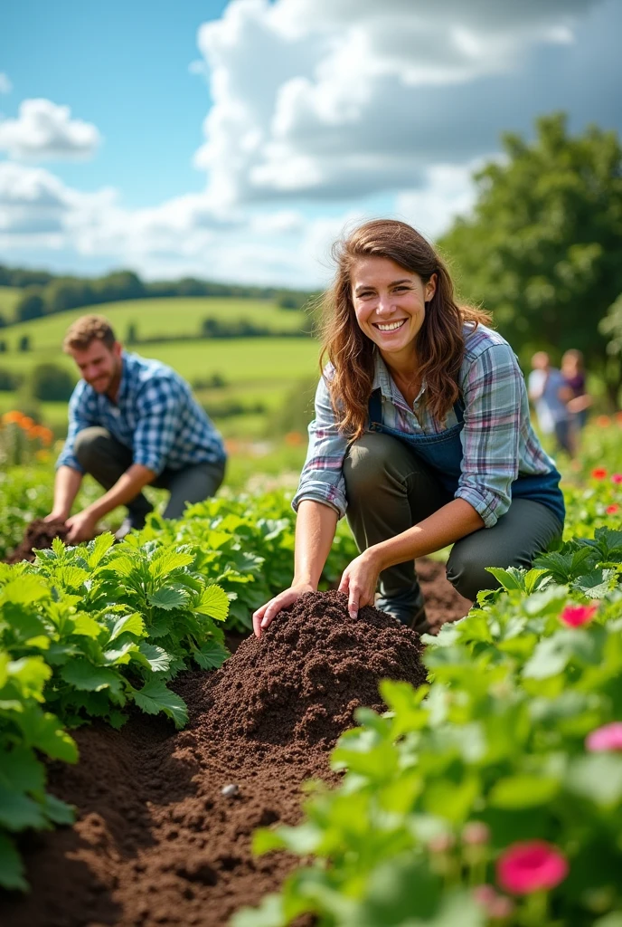 Create sales images of compost with gardens and happy farmers