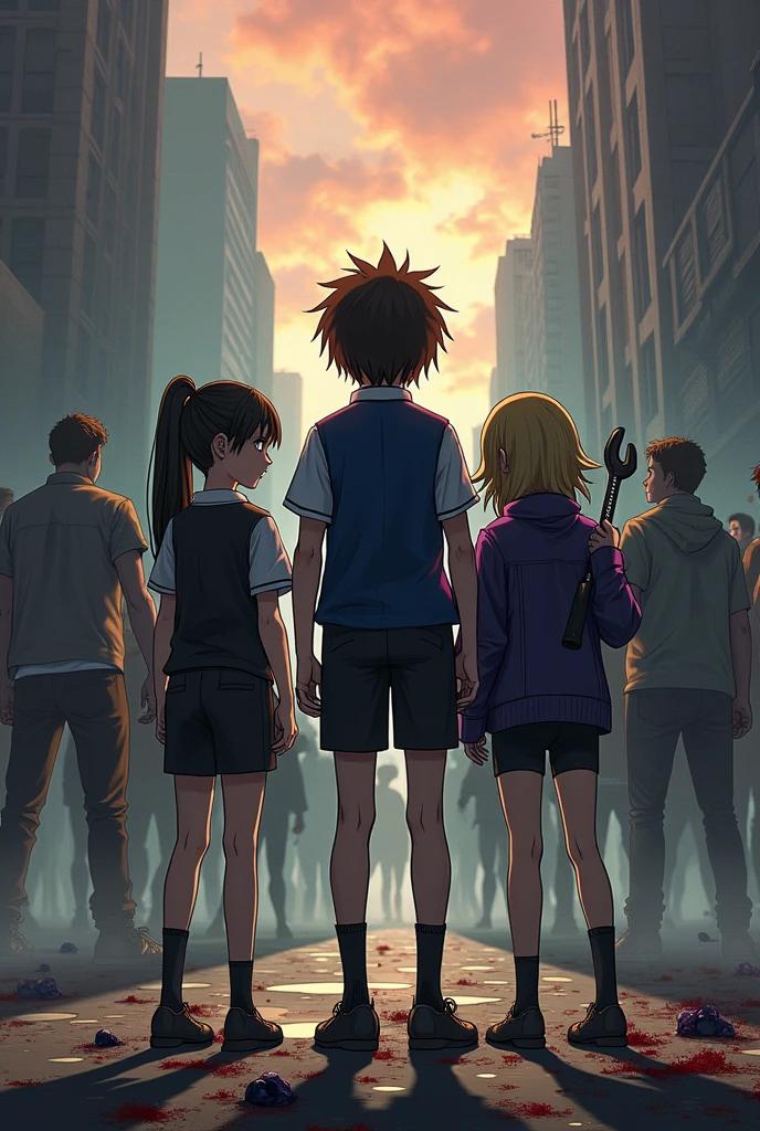 On the day the world was invaded by zombies, there was an 18-year-old young man in a school uniform wearing a Gotchard Drive belt standing in front of the zombies with a 16-year-old girl in a black shirt, blue coat, and black shorts standing beside him. And there was a 16-year-old woman in a black shirt, purple jacket, and black shorts holding a wrench sword standing with them.