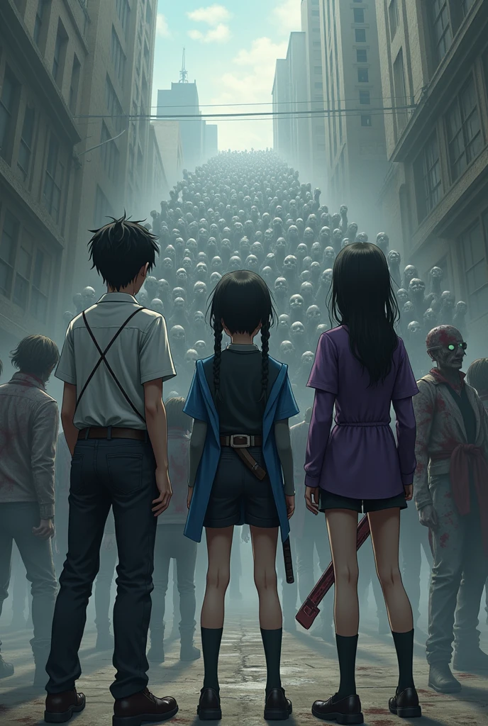 Make me a cover, of three girls and three boys, The girls all in school clothes surrounded by zombies
