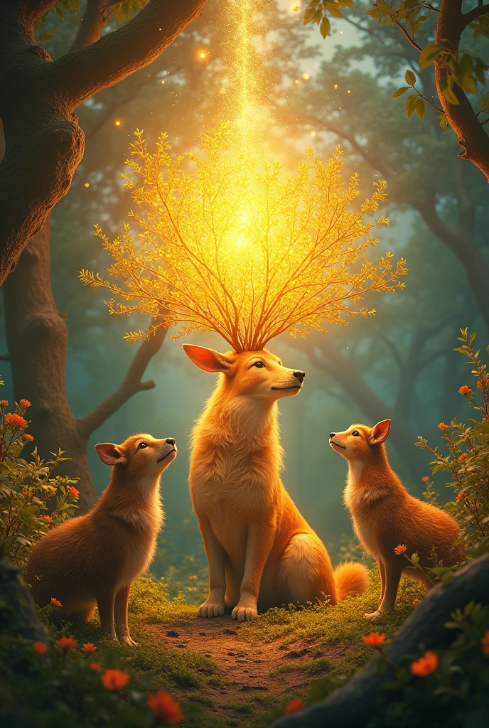 A golden bush shines intensely while all the animals look on in awe. The flowers and trees around seem to come alive and glow with vibrant colors