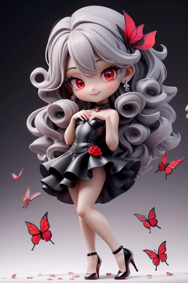 HD, masterpiece, best quality, extremely detailed, anatomically correct, sharp focus, Midnight, red moon, altar isle, falling petals, flying butterflies, ((full body portrait)), 1girl, solo, camilavtuber, silver hair, longcurly hair,red highlights, red eyes, slim arms, black gloves, medium chest, 1devil wing, black mini dress, slim legs, black high heels, close up, innocent pose, Eye-Level Shot, front view, innocent pose,smile,wink