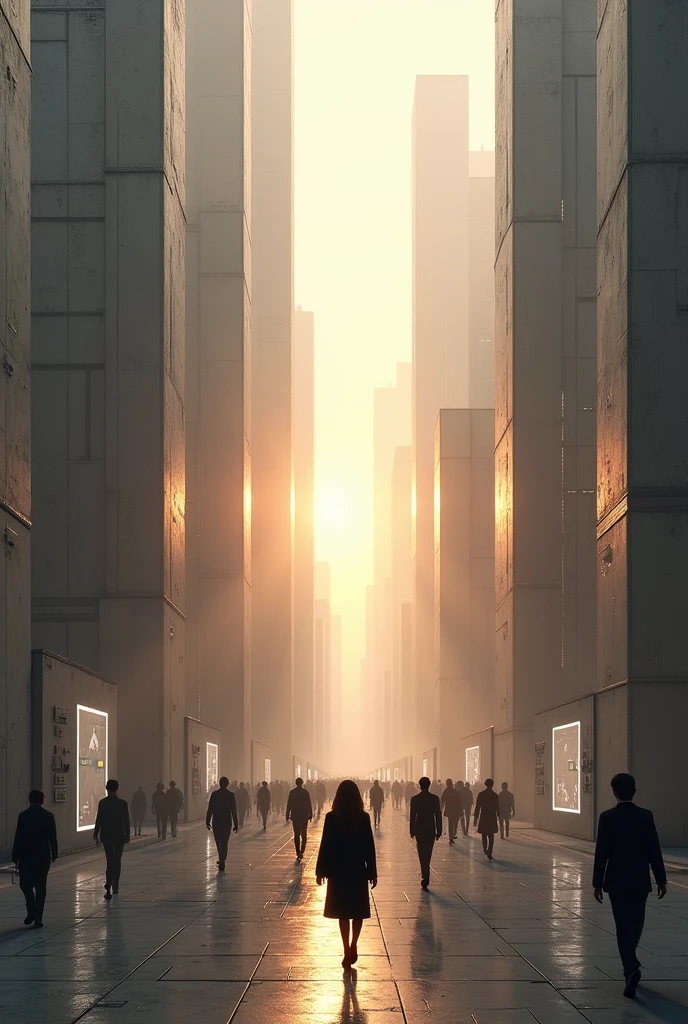 A futuristic city with raw architecture. People are walking in the streets, all dressed in black. The sun gently illuminates the city