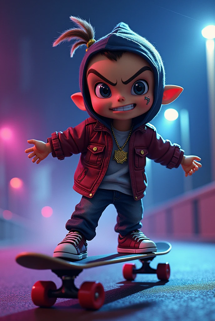 Personagem gumball da serie animada "the amazing world of gumball" wearing gangster-style skater clothes, on top of a skateboard with high-speed effects, With a malicious smile, scar on eye, earring in ear, a night with shades of lighting pulled towards purple and a touch of blue
