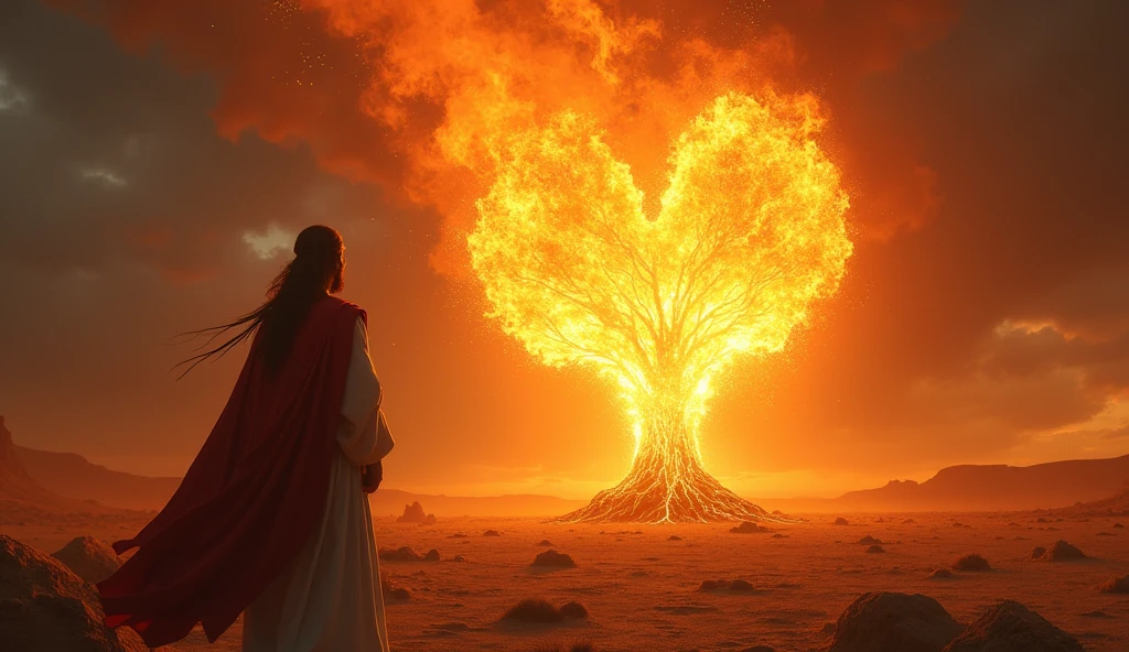 imageio: moisés recebendo as instruções de GOD em uma burning bush, with vibrant flames around.
Main Elements: moisés, burning bush, GOD.
Background: Arid Desert.
colors: orange, yellow, maroon.
Visual Style: Mystical and impressive.
Composition: moisés em primeiro plano, burning bush iluminando a cena.
Emotions: Awe and sanctity.