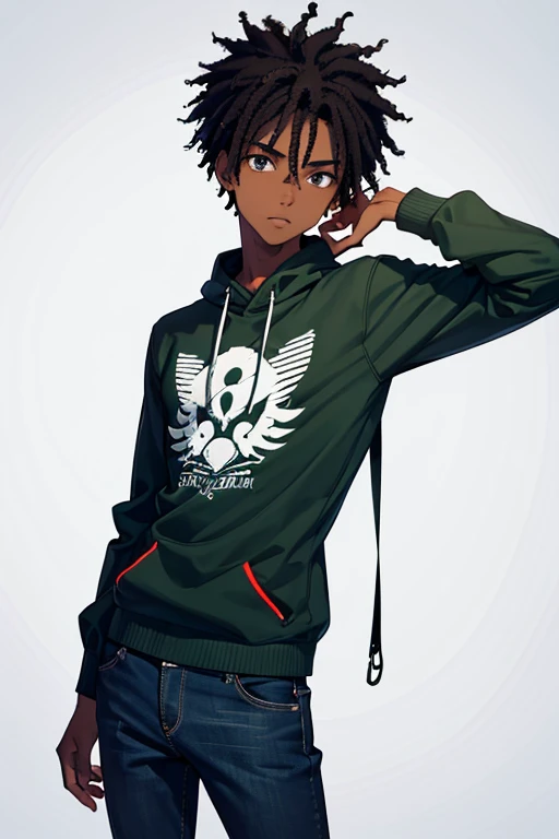 Black boy, about , African American, slim build, rocker clothing, green jacket, jeans, black hair, black eyes, black skin, looking directly at the viewer, white background.