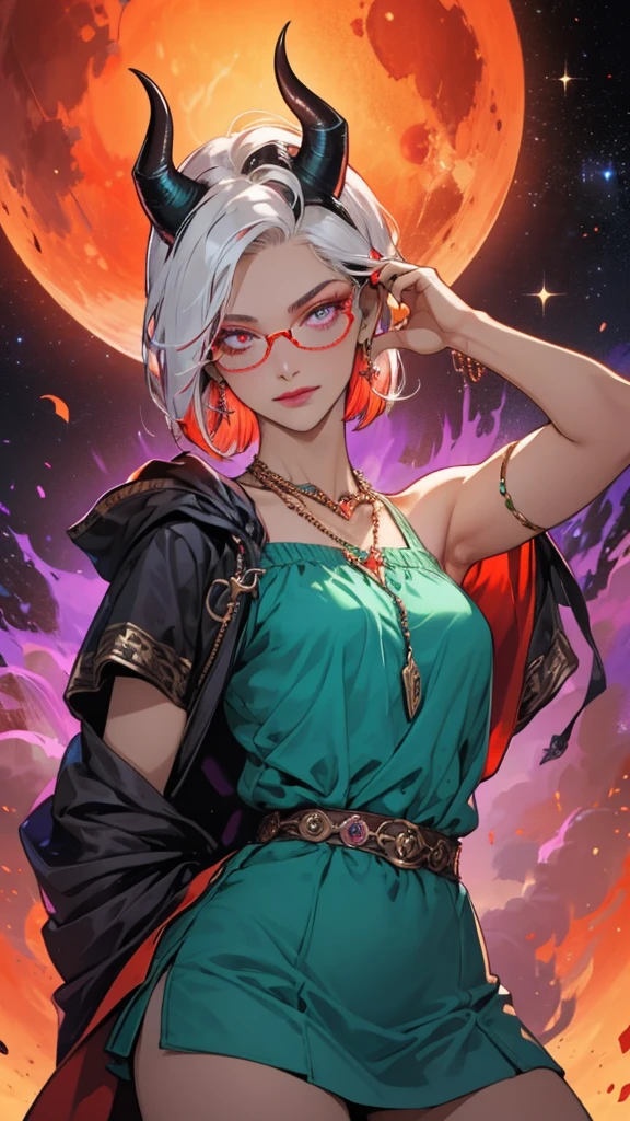 8k, masterpiece, best quality, highly detailed, 1 girl, tiefling, warlock, pixie cut, multicolored hair, very short straight hair red highlight hair on white hair, strippled hair, wearing glasses, round glasses, earrings, navel piercing, red eyeshadow, long eyelashes, blushed cheek, red lips, pearl necklace, rings, collarbone, mole on face, glamorous, teal and purple clothes, sleeveless, miniskirt, smirk, close up view, rings, looking at viewer, demon horns, solo, milky way, starry sky, blood red moon, standing, chains on the background.