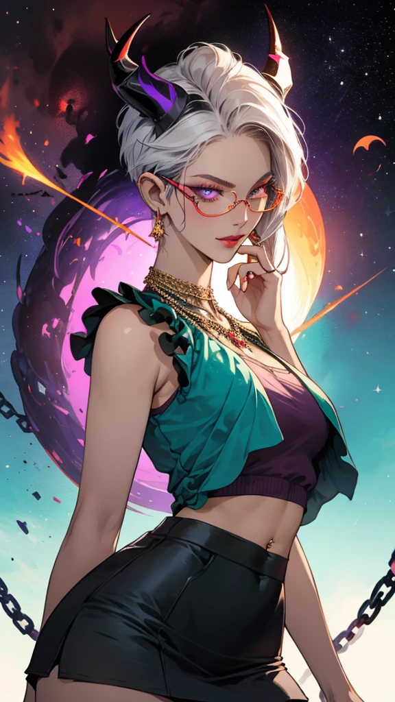 8k, masterpiece, best quality, highly detailed, 1 girl, tiefling, warlock, pixie cut, multicolored hair, very short straight hair red highlight hair on white hair, strippled hair, wearing glasses, round glasses, earrings, navel piercing, red eyeshadow, long eyelashes, blushed cheek, red lips, pearl necklace, rings, collarbone, mole on face, glamorous, teal and purple clothes, sleeveless, miniskirt, smirk, close up view, rings, looking at viewer, demon horns, solo, milky way, starry sky, blood red moon, standing, chains on the background.