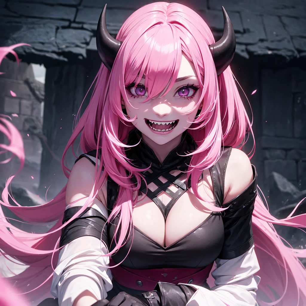 She is a demon race. The mountain is big, has white skin, and has a scary face. She has teeth like a shark. And she was smiling. She had pitch black eyes, pink hair, and she was very .