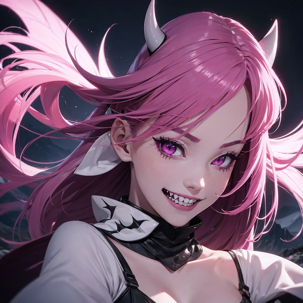 She is a demon race. The mountain is big, has white skin, and has a scary face. She has teeth like a shark. And she was smiling. She had pitch black eyes, pink hair, and she was very .