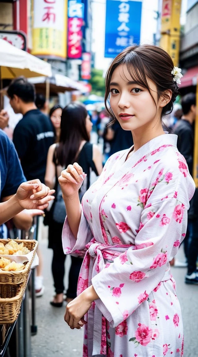 Dark brown hair、Light brown eyes、Japanese actress、 Lady、I am about 40 years old..、(Intricate details:1.2)、(Which is higher???:1.4)、 (Ultra-high resolution:1.2)、Ultra-high resolution、(Fine-tune)、(Detailed facial features)、Hmph、8k resolution、D cup size breasts、Long Hair、Hue、night、,Full body photo、Updo、Enjoying the festival、Japanese Festivalsの活気ある光景. The woman is wearing a floral yukata.,Wearing a summer yukata. They have festival foods such as takoyaki and cotton candy..nightのお祭り、Summer festival、Japanese Festivals、night祭り、A street lined with stalls selling takoyaki, yakisoba, and other street food.、