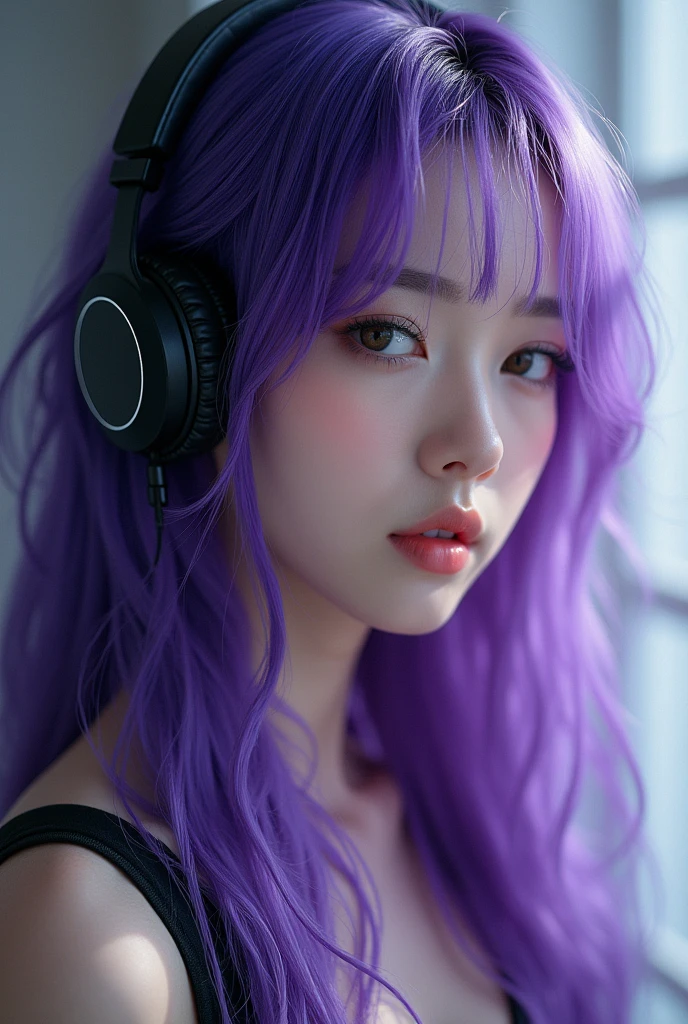 Korean butterfly woman with purple hair wearing headphones
