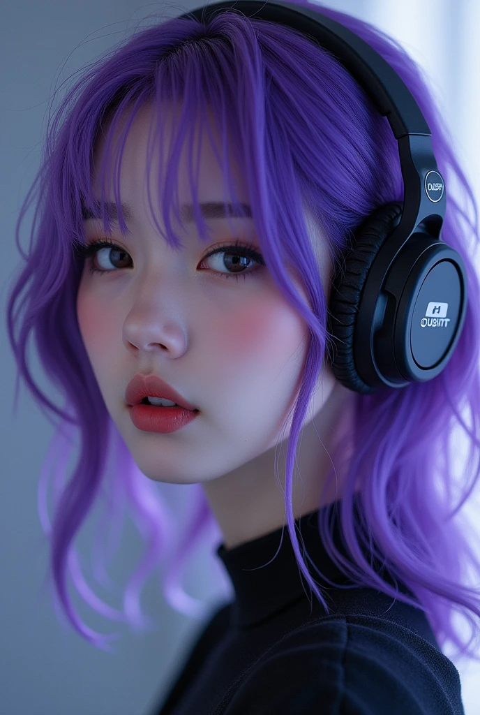 Korean purple hair butterfly woman with headphone and pink glitter dress crying with bruises on face and name behind sad children realistic human