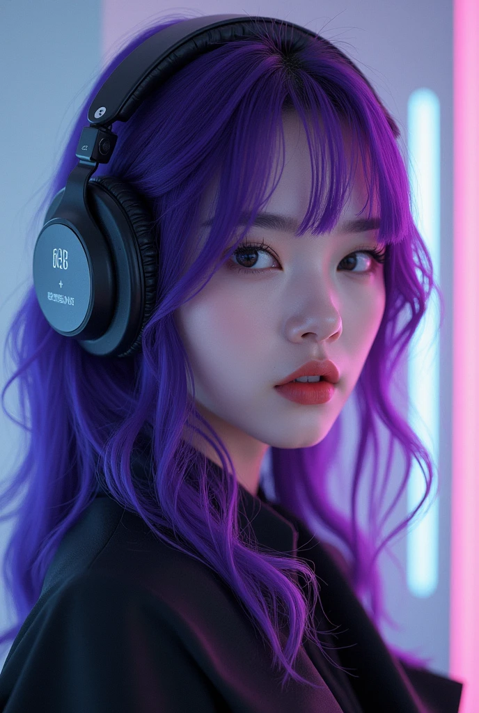 Korean butterfly woman with purple hair wearing headphones