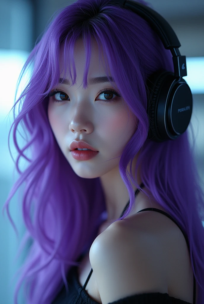 Korean butterfly woman with purple hair wearing headphones