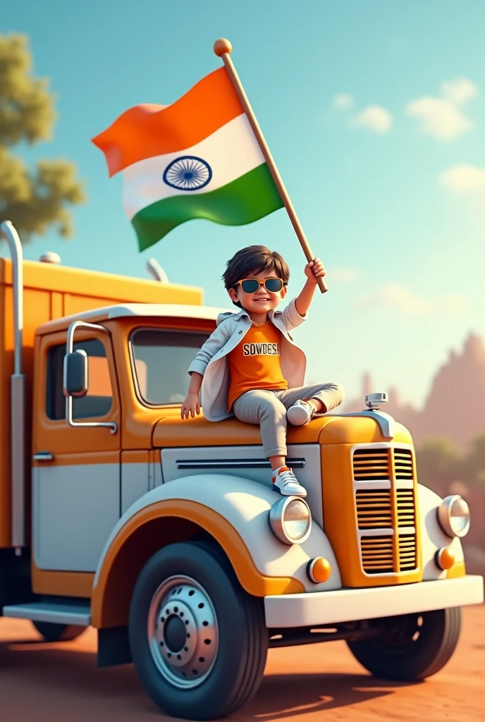 2. Create an Real image featuring a baby boy sitting on the hood of a white and orange truck, with india’s scenic background. He’s holding a flag celebrating india’s 15th August. The boy wears a orange and white  T-shirt with “SOWDESH” printed on it, white jacket, white orange, black shoes, and sunglasses.