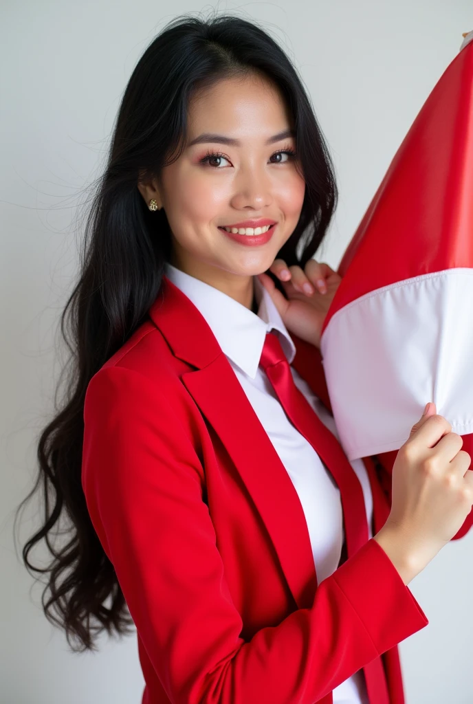 Portrait, Beauty Woman, Long Hair, Black Hair, Hold Indonesian Flag, Shirt white, Focus Camera, Earring, Blazer Red, Tie Red, White Background