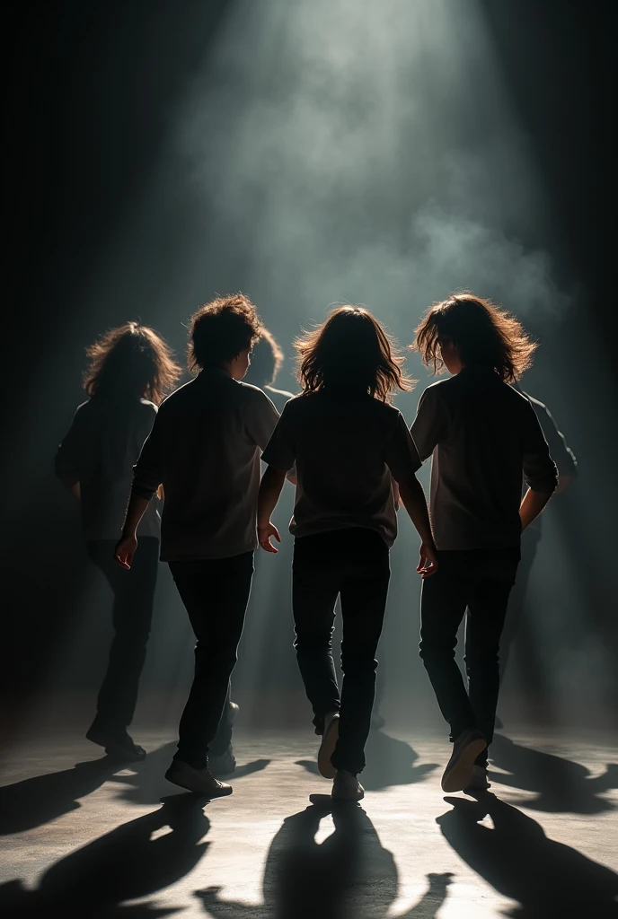 create a group of 6 silhouettes of young-adult men dancing in the shadows they are looking forward and have medium fluffy straight hair, cant see any details of them, with more smoke in the ground; they are in a empty show stage;
good try, but there must be 6 men
They have shirts
