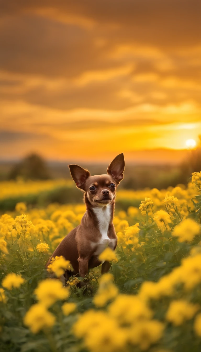 brown chihuahua dog, sitting with a field of yellow flowers in the background, with sunset in the sky, 8K Wallpaper, photo realism 