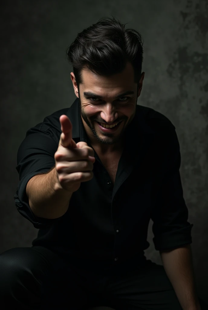Ek creepy handsome man jisne black shirt and pent pehni h jhukkar niche dekh rha h or finger dikha rha h or hass rha h
