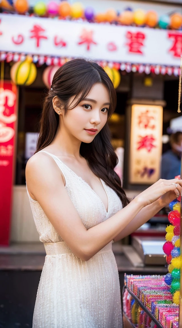 Dark brown hair、Light brown eyes、Japanese actress、 Lady、I am about 40 years old..、(Intricate details:1.2)、(Which is higher???:1.4)、 (超High resolution:1.2)、超High resolution、(Fine-tune)、(Detailed faceの特徴)、Hmph、8k resolution、D cup size breasts、Long Hair、Hue、night、,Full body photo、masterpiece, (One beautiful person), Detailed eyes, Highest quality, 超High resolution, (reality、festival、Opening a store、candy stall、night、walk: 1.4), Original photo, One Girl, Cinema Lighting, Japanese,standing、 Asian Beauty,  Beautiful skins, (超reality的な), (High resolution), (8k yen), (Very detailed),(Ultra-detailed), Detailed face, Opening a store、Put your hair up、one piece、night、Summer in Japan、