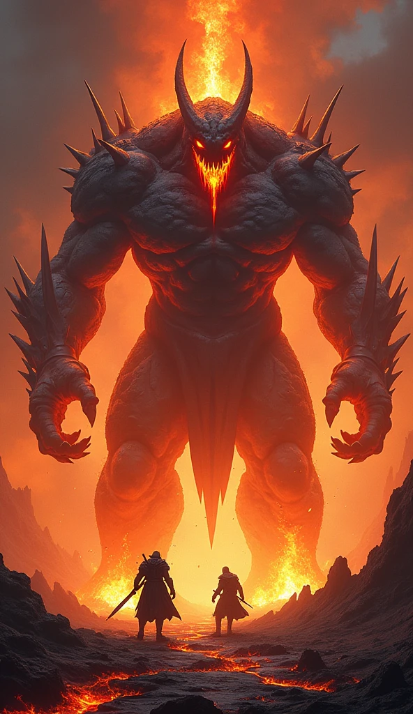 In the heart of an erupting volcano, amidst rivers of flowing lava and billowing smoke, a fierce battle rages. The sky is darkened by ash, and the ground trembles with each eruption, setting the stage for an epic confrontation. At the center of it all stands the monstrous Lava Lord, a towering titan of chaos and destruction. His massive body is formed from molten rock and hardened lava, with glowing cracks spiderwebbing across his frame. His eyes burn with a malevolent, fiery red light, and his jagged maw drips molten lava like venom. Spikes of obsidian jut from his back, shoulders, and arms, each glowing faintly from the intense heat within. His massive claws, capable of tearing through solid rock, leave smoldering craters in their wake as he advances. Lava flows around him like a river, bending to his will as he commands the earth to rise and fall at his bidding. The air is thick with ash and smoke, and the ground trembles with each of his movements, as if the planet itself fears his wrath.
Facing him are two formidable warriors. On one side, Vortex stands tall, his long black hair flowing wildly in the scorching winds. He wears a black coat over a white shirt, gripping the hilt of his dark sword, which pulses with shadowy energy. As he prepares to strike, the blade of his sword darkens even further, ready to unleash the devastating power of "Shadow Eclipse."
Beside him, Varis exudes an aura of cold determination. His long black hair cascades over his gothic black armor, adorned with blood-red gemstones. His crimson eyes gleam with intensity as he channels the dark power of the "Luminous Order," ready to overwhelm the enemy. Together, they form an unbreakable bond, their powers intertwining as they confront the overwhelming might of the Lava Lord.
The battlefield is illuminated by the fiery glow of lava, the heat so intense it distorts the air. Every clash between sword and claw sends sparks flying, and the ground beneath them cracks and shudders from the sheer