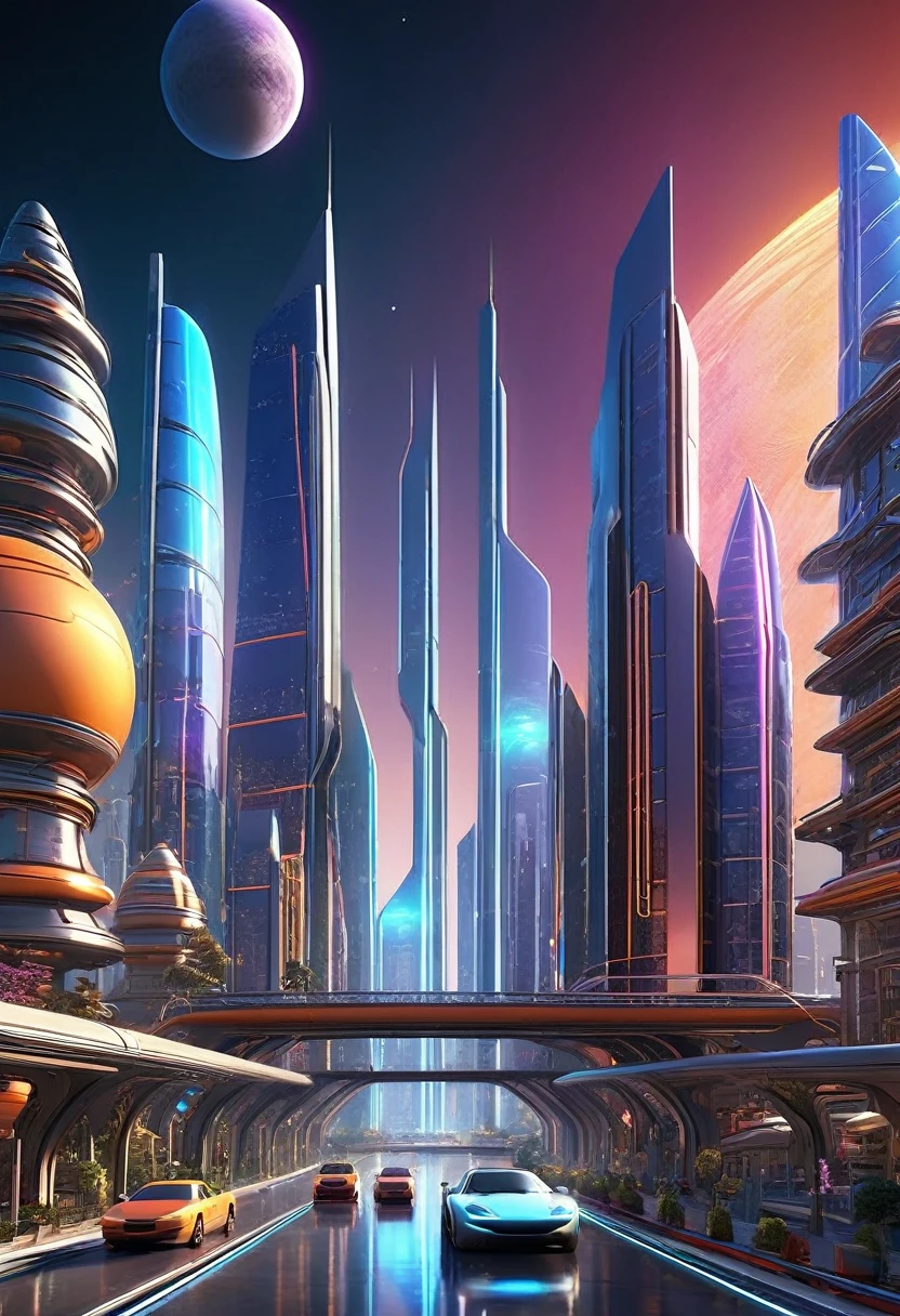 A beautiful futuristic cityscape in the cosmos, 3D animated, realistic, joyful, professional lighting, professional photography, intricate architectural details, glowing neon lights, floating vehicles, advanced technology, dynamic camera angles, vibrant colors, cinematic atmosphere, stunning vista, mesmerizing skyline, clean and sleek design, sense of wonder and optimism, highly detailed environment.