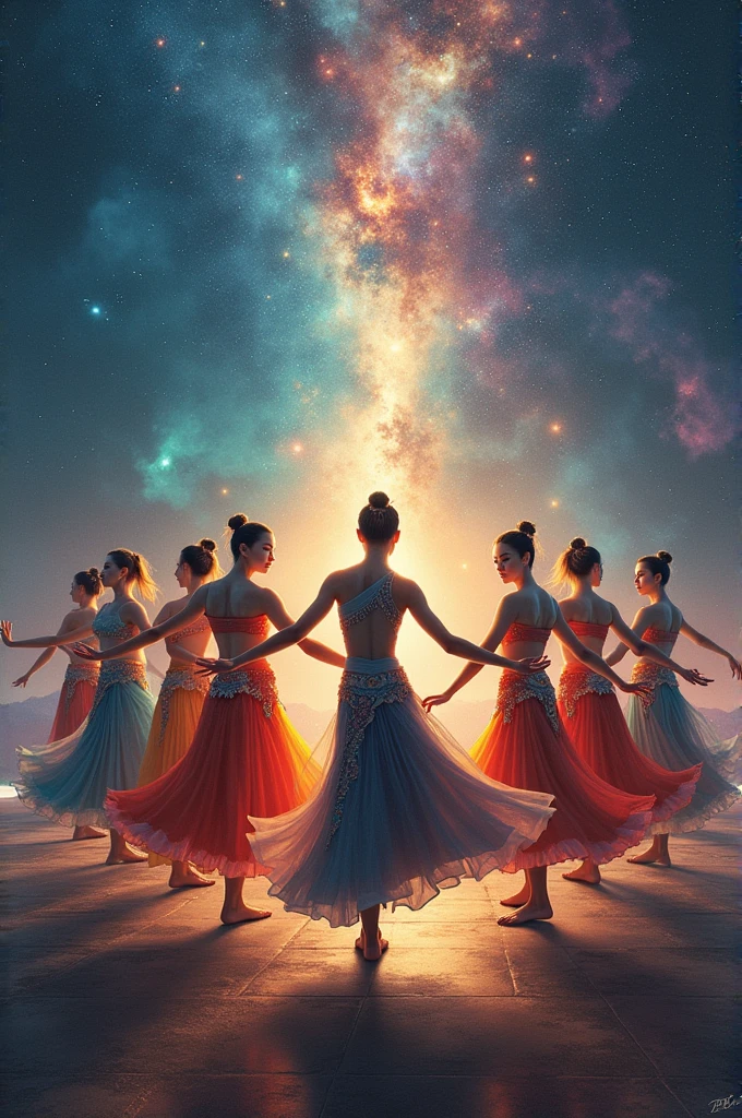 create me a picture of pose for 9 people that is featuring the galaxy, cultural pose, it's for our cultural dance contest