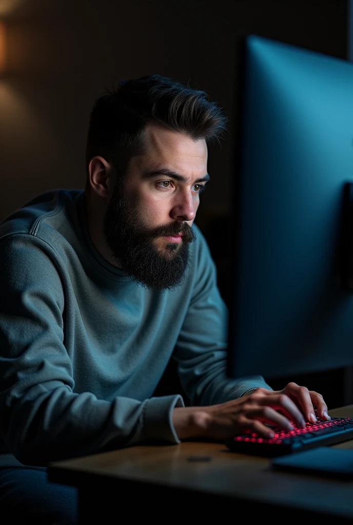 Create a thin bearded guy playing on the pc