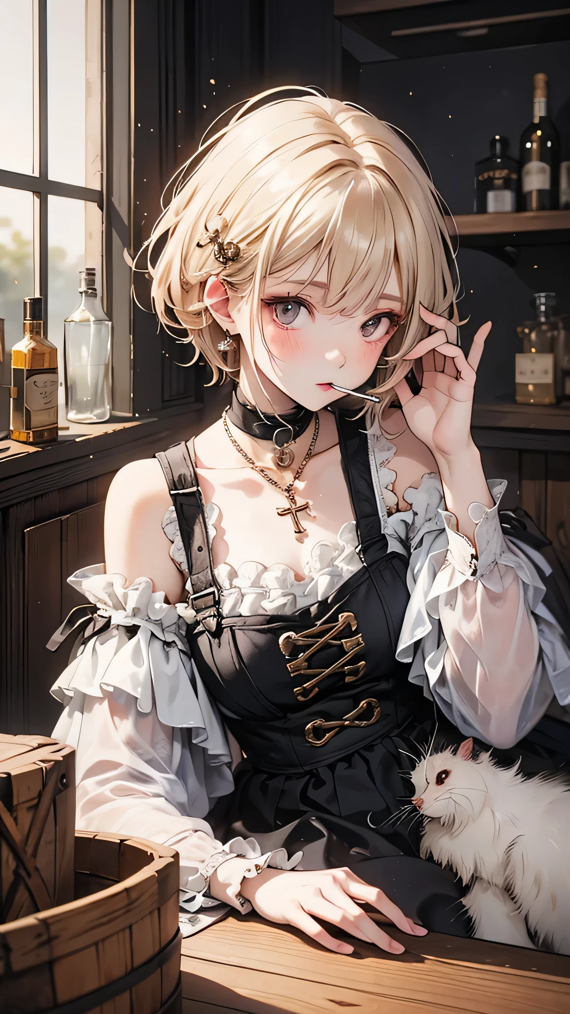 Short-haired female cowboy in a western saloon,blonde,Sitting,Smoking Pipes,table Wisky,piano,6-shot revolver,Barrel,table,Trump,Dust,artwork,3d,4K,detailed,Realistic