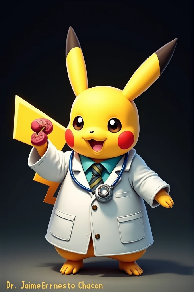 Pikachu dressed as a doctor with a little kidney in his hand and at the bottom of the image it says Dr.. Jaime Ernesto Chacón and the background of the image is black