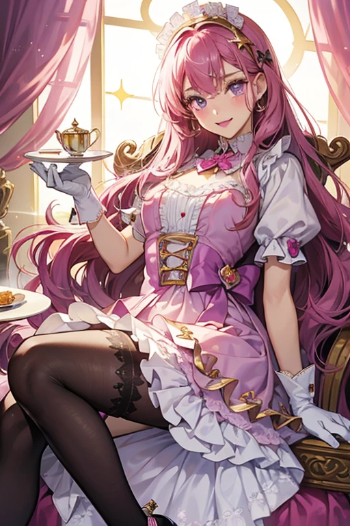 Kirstea has tanned skin and lilac eyebrows, eye-shadow, pink blushed cheeks, and dark pink lipstick. Her long hair resembles her Happy Places version but with a thick raspberry streak lining her bangs and forelock, and the heart clip is gold. She now wears a dark purple headband with a bow on it lined in lavender with a gold tea cup on the side that sits on a saucer with sugar cubes and a spoon. Her dress resembles her Happy Places version but is trim with white lace to accent her collar. She also wears dark purple tights, gold heels with a lilac bow on the toe, and lilac gloves with frilly cuff. SPARKLE; GLITTER