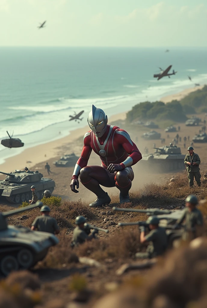 ultraman squats and farts at army day bomb . sea, beach . everywhere lot of soldier in battlefield.world war 2. tilt shift photography. lot of war. tank.aircraft 1940. air drop