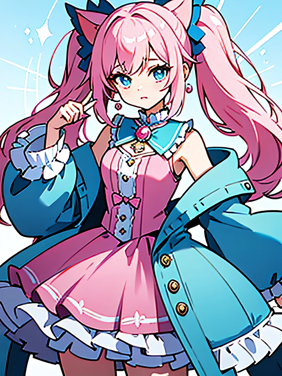 beautiful doctor with cat next to her facing the camera in an official photo with a stethoscope AROUND HER NECK wearing a DIFFERENT cute lab coat with ruffles, bows and a striking, stylized, waisted dress full of ultra-fine fashion accessories, pearls, pendants in pastel pink and blue tones, half pink half blue hatsune miju style hair partially loose but with pearly hairstyle, neon background, outfit with ruffles and bows magical girl style with a lot of genshin impact, wearing kitten earrings, white cat in pet photo