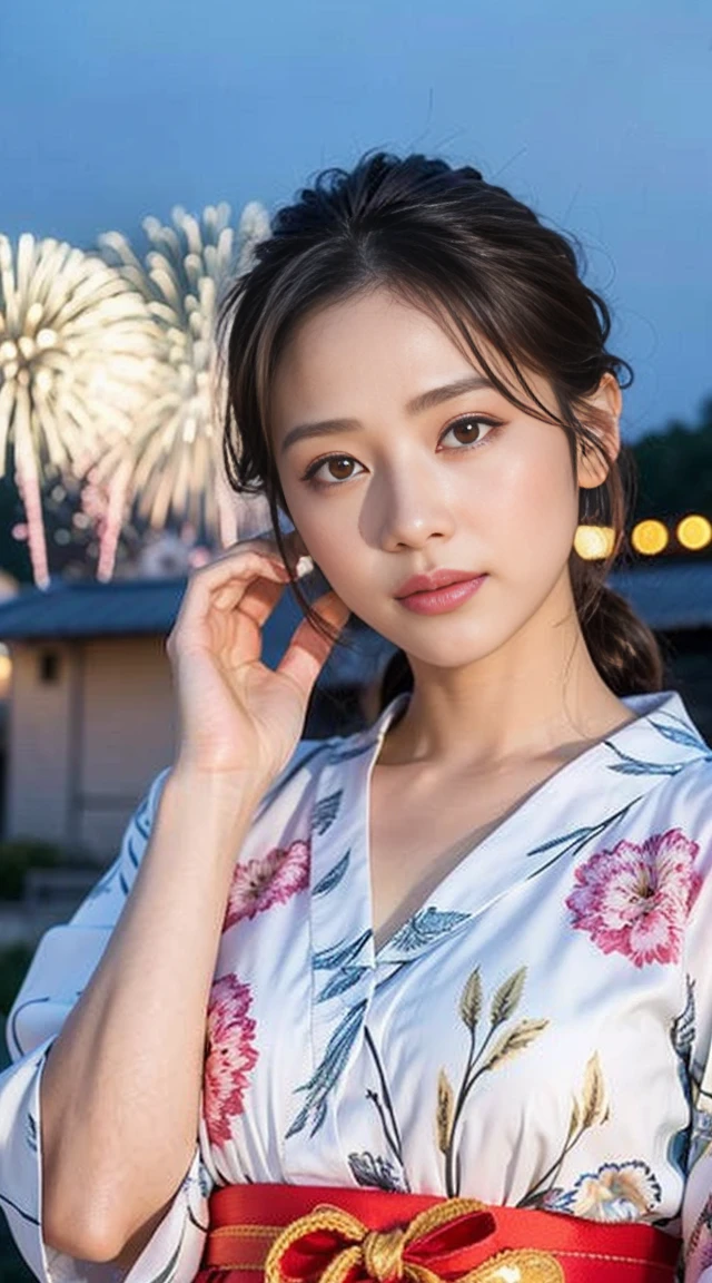 Dark brown hair、Light brown eyes、Japanese actress、 Lady、I am about 40 years old..、(Intricate details:1.2)、(Which is higher???:1.4)、 (超High resolution:1.2)、超High resolution、(Fine-tune)、(Detailed faceの特徴)、Hmph、8k resolution、D cup size breasts、Long Hair、Hue、night、,Full body photo、masterpiece, (One beautiful person), Detailed eyes, Highest quality, 超High resolution, (reality、Fireworks display、Opening a store、candy stall、night、walk: 1.4), Original photo, One Girl, Cinema Lighting, Japanese,standing、 Asian Beauty, Beautiful skins, (超reality的な), (High resolution), (8k yen), (Very detailed),(Ultra-detailed), Detailed face, Fireworks display、Opening a store、yukata、Put your hair up、Japanese clothing、Hairpin、night、Wear a yukata、Japanese clothing、Summer in Japan、