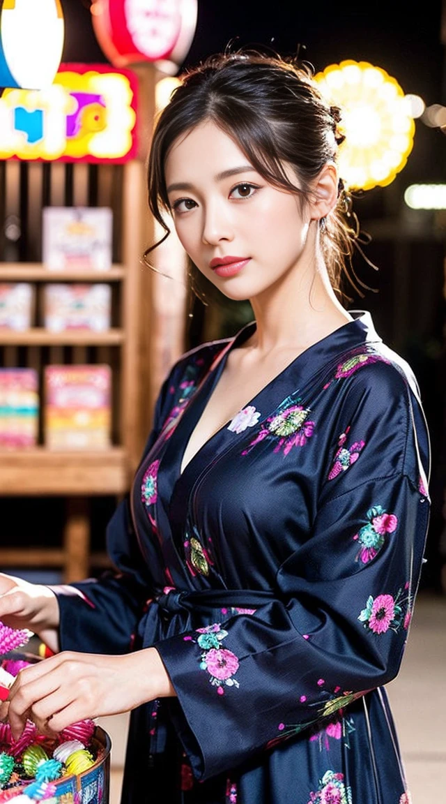 ((Highest quality)), ((masterpiece)), (detailed), Perfect face masutepiece, Best Quality, Illustration, Ultra-detailed, finely detail, hight resolution, 8K Wallpaper, Perfect dynamic composition, Beautiful detailed eyes, Natural color lip, Bold sexy poses, 20 years girl, Cute, Sexy shot looking at camera、wide angle, Japanese yukata,hair bun,full BODY, summer festival